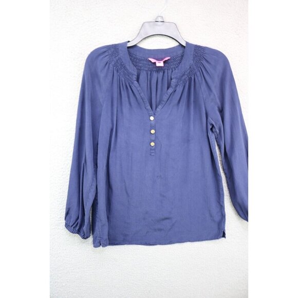 Lilly Pulitzer Navy Blue 100% Silk Long Sleeve Blouse-Size Small - Picture 1 of 13